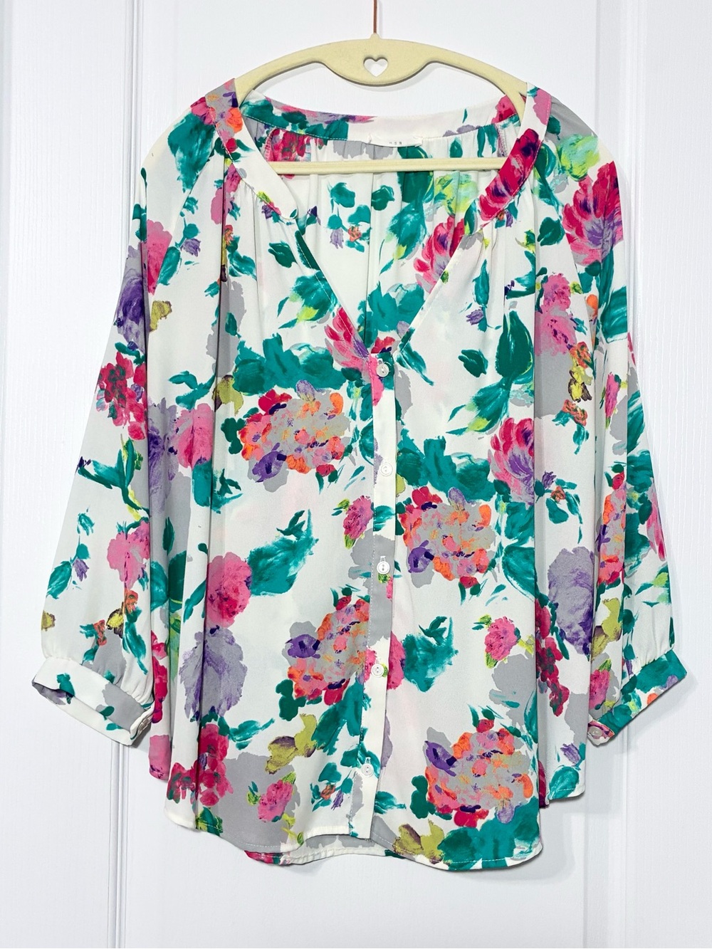Lush USA MADE Floral Flowy V Neck 3/4 Sleeve Button Front Blouse White JR Large